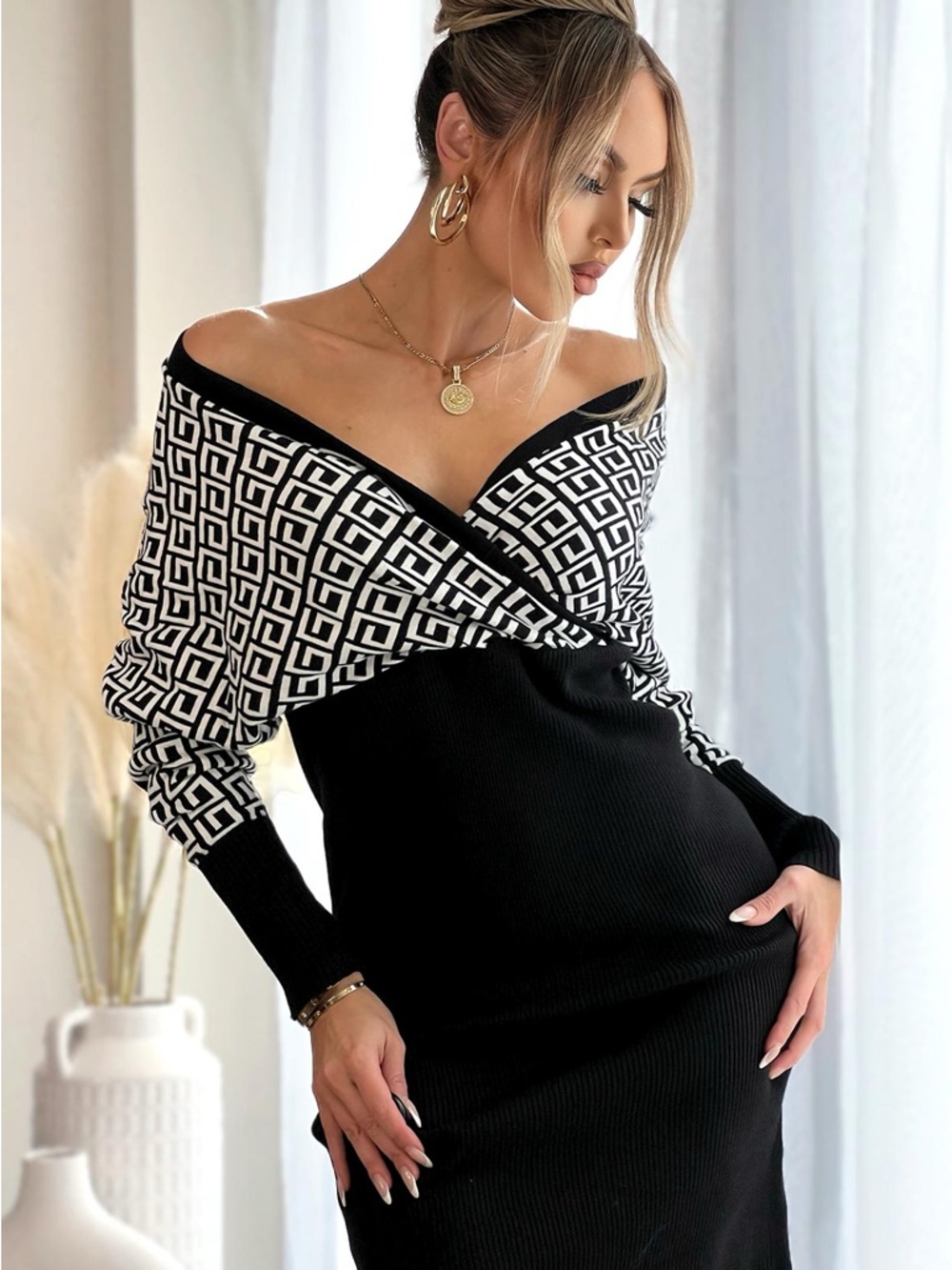 Off-Shoulder Black and White Geometric Knit Sweater Dress